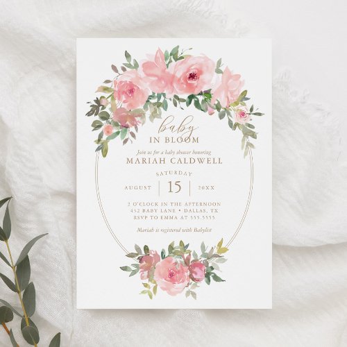 Baby in Bloom Pink Floral Greenery Baby Shower Invitation