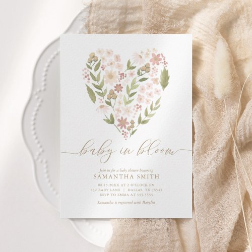 Baby in Bloom Pink Floral Heart Girl Baby Shower Invitation