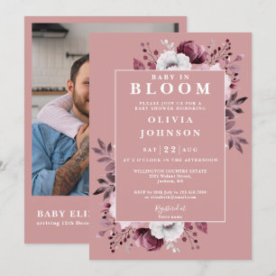 Baby In Bloom Pink Floral Photo QR Baby Shower Invitation