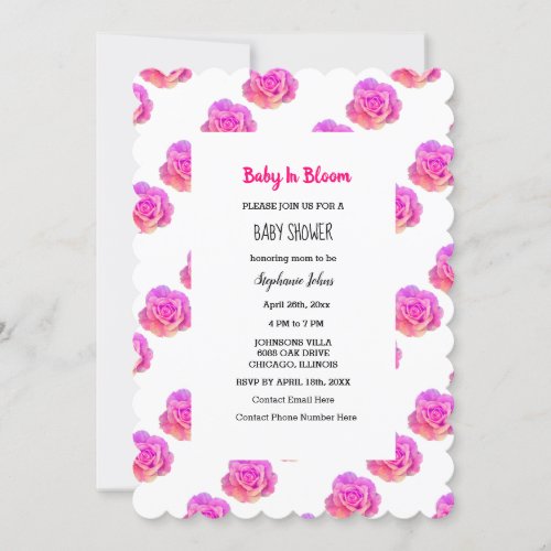 Baby In Bloom Pink Floral Roses Baby Shower Girl Invitation