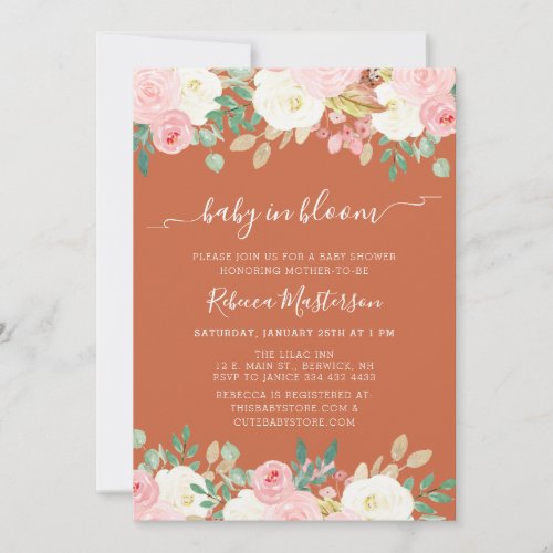 Baby In Bloom Pink Floral Terracotta Baby Shower  Invitation