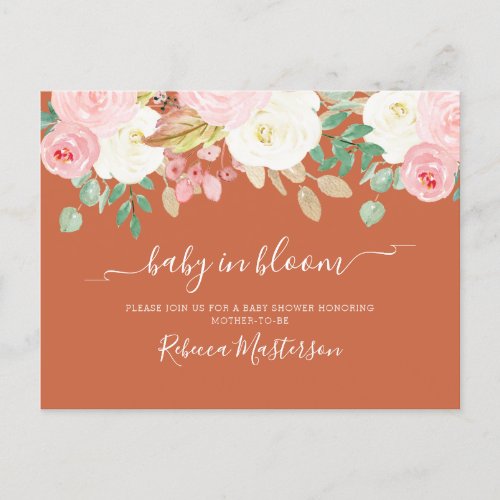 Baby In Bloom Pink Floral Terracotta Baby Shower  Invitation Postcard