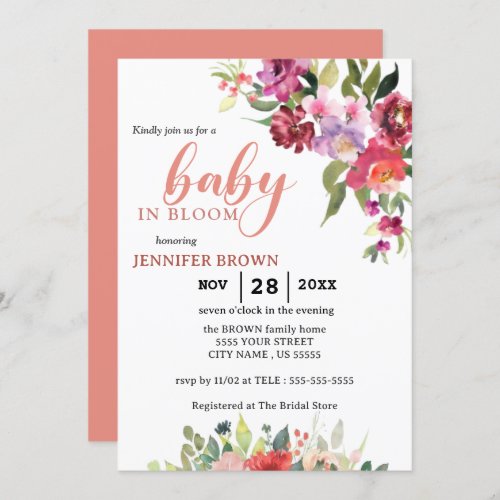 Baby In Bloom  Pink floral watercolor Shower  Invitation