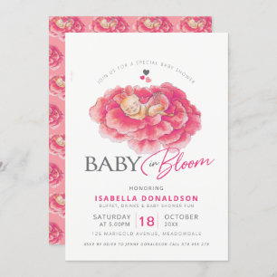 Baby in bloom pink flower baby shower invitations