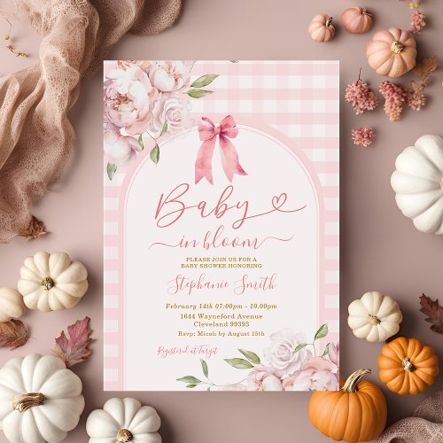 Baby in Bloom Pink Gingham Floral Cute Baby Shower Invitation