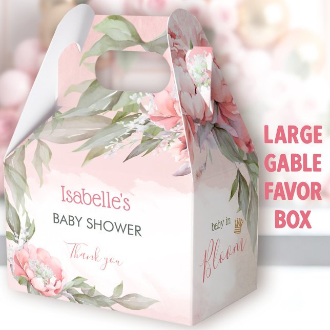 Baby In Bloom Pink Girl Baby Shower Large Gable Favor Boxes (Baby In Bloom Pink Large Favor Boxes - You can choose from 3 sizes of these gable favor Boxes)
