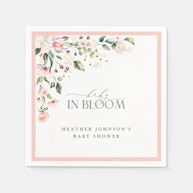 Baby In Bloom Pink Girl Watercolor Flowers Shower Napkins (Front)