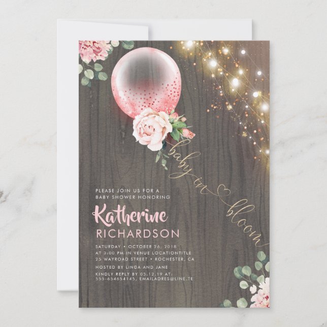 Baby in Bloom Pink Gold Balloon Rustic Baby Shower Invitation (Front)