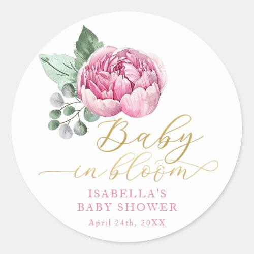 Baby In Bloom Pink  Gold Floral Baby Shower Favor Classic Round Sticker