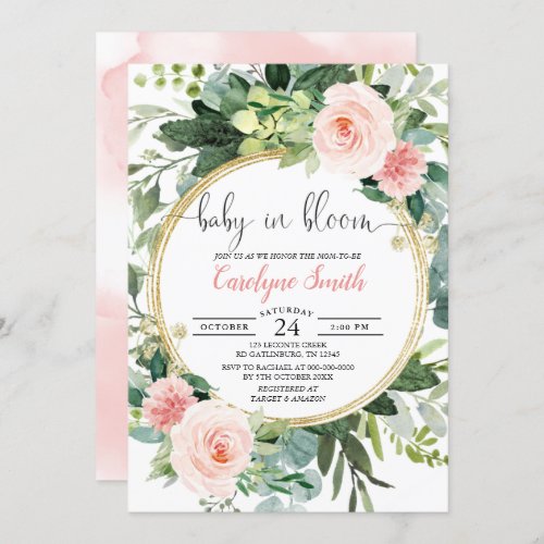 Baby In Bloom Pink Gold Greenery Baby Shower Invitation
