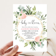 Baby in bloom pink gold greenery girl baby shower invitation