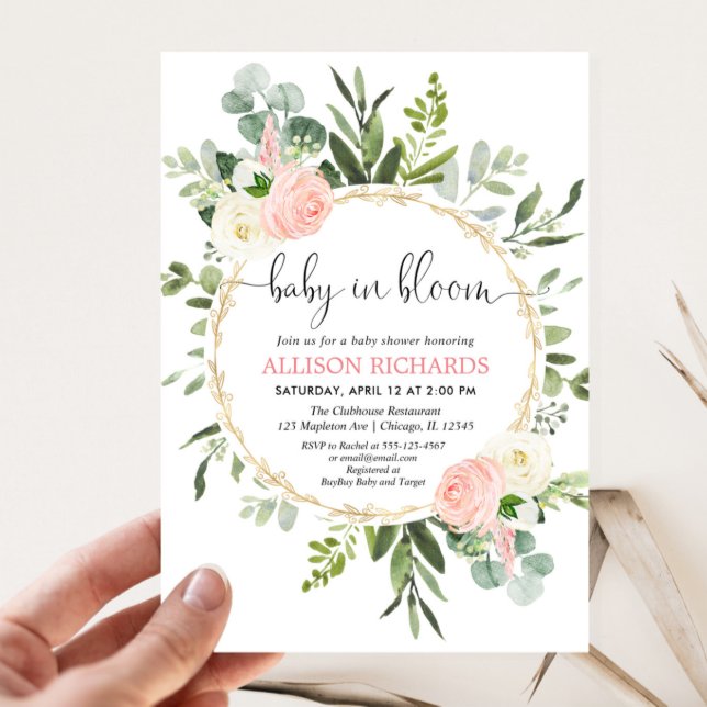 Baby in bloom pink gold greenery girl baby shower invitation