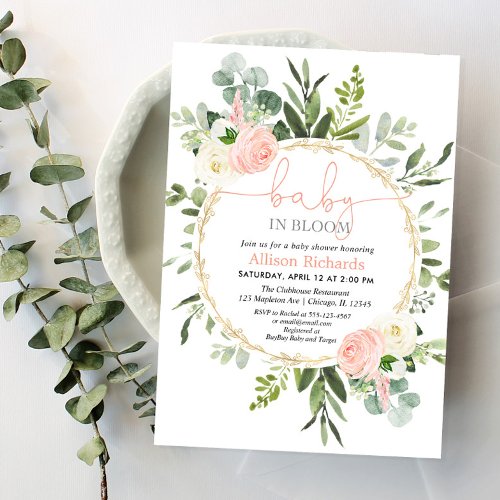 Baby in bloom pink gold greenery girl baby shower  invitation