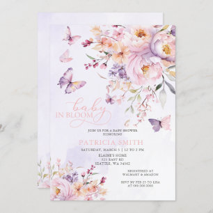 Baby in Bloom Pink Purple Butterflies Baby Shower Invitation