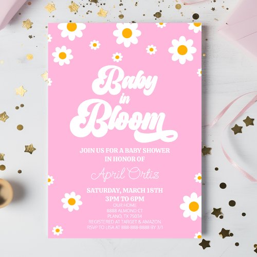 Baby In Bloom Pink Retro Daisy Flower Baby Shower Invitation