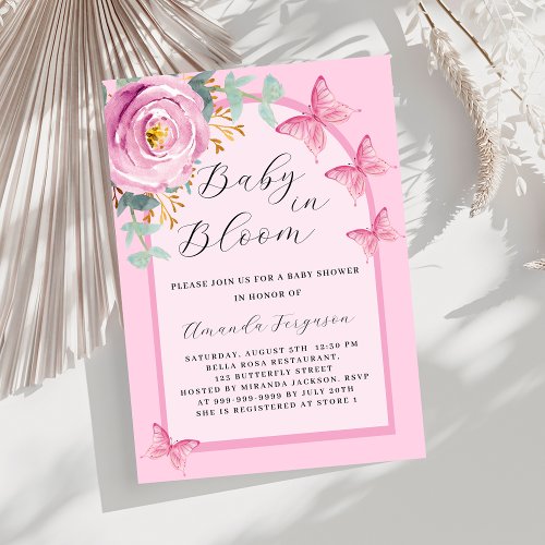 Baby in Bloom pink rose butterfly arch Baby Shower Invitation
