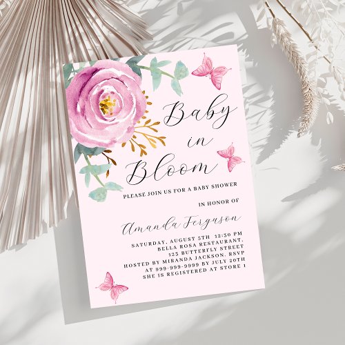 Baby in Bloom pink rose butterfly Baby Shower Invitation