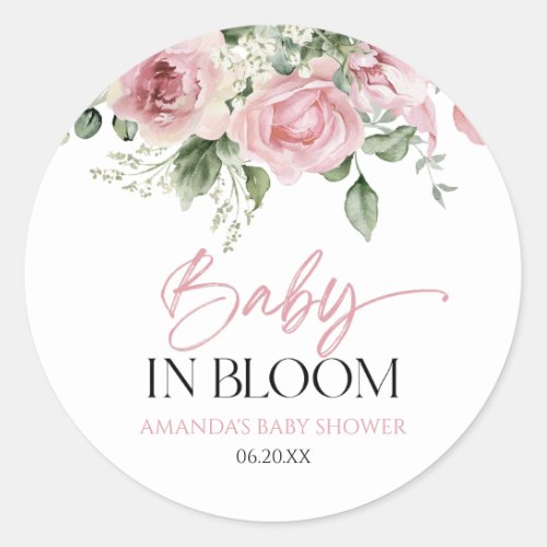 Baby In Bloom Pink Rose Floral Baby Shower Classic Round Sticker