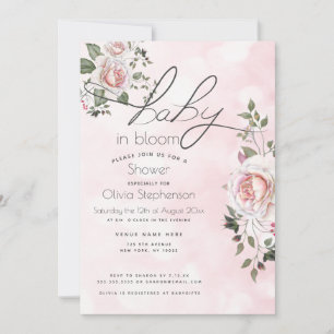Baby in Bloom Pink Rose Floral Baby Shower Invitation