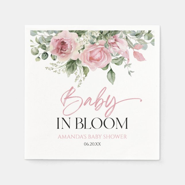Baby In Bloom Pink Rose Floral Baby Shower Napkins (Front)