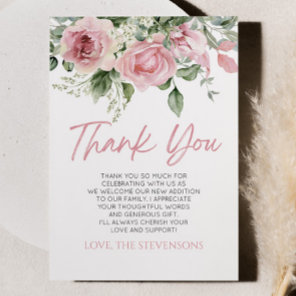 Baby In Bloom Pink Rose Floral Baby Shower Thank You Card