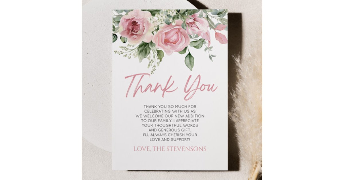 Baby In Bloom Pink Rose Floral Baby Shower Thank You Card | Zazzle