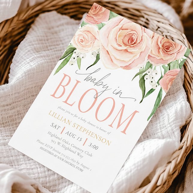 Baby In Bloom Pink Rose Floral Girl Baby Shower Invitation (Creator Uploaded)
