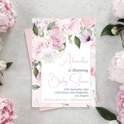 Baby In Bloom Pink Roses Floral Baby Shower  Invitation