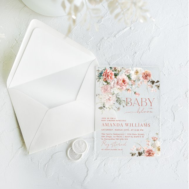 Baby in Bloom Pink Roses Floral Girl Baby Shower  Acrylic Invitations (Creator Uploaded)