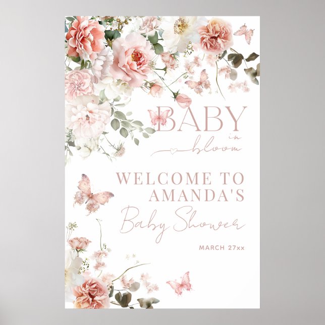 Baby in Bloom Pink Roses Floral Girl Baby Shower Poster (Front)