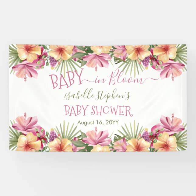 Baby in Bloom Pink Tropical Floral Baby Shower = Banner (Horizontal)