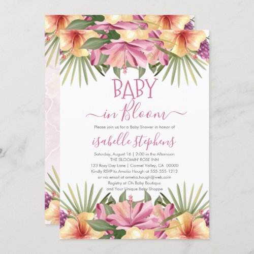 Baby in Bloom Pink Tropical Floral Baby Shower Inv Invitation