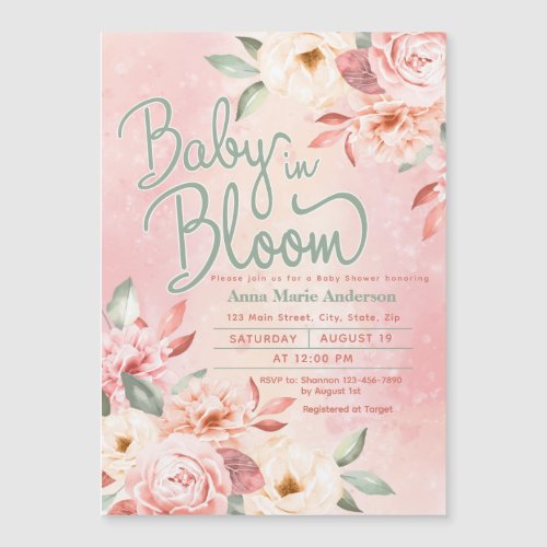 Baby In Bloom Pink Watercolor Floral Baby Shower Magnetic Invitation