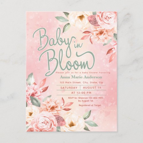 Baby In Bloom Pink Watercolor Floral Baby Shower Postcard