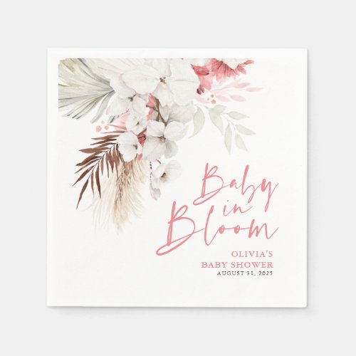 Baby in Bloom Pink White Floral Baby Shower Napkins