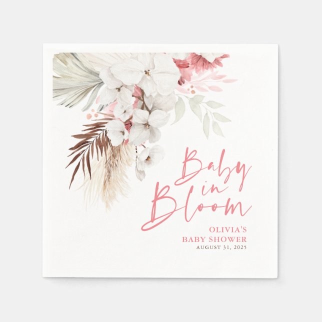 Baby in Bloom Pink White Floral Baby Shower Napkins (Front)
