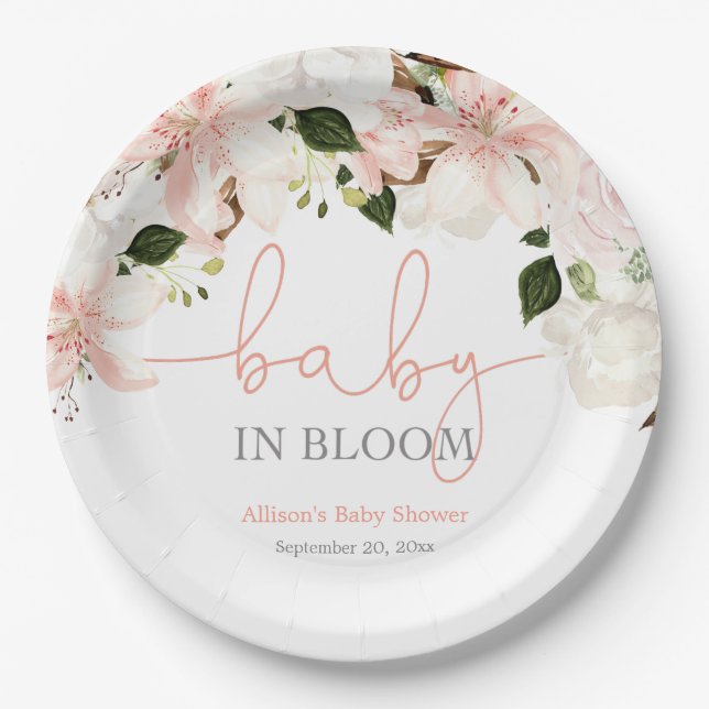Baby in Bloom pink white floral lilies Paper Plates (Front)