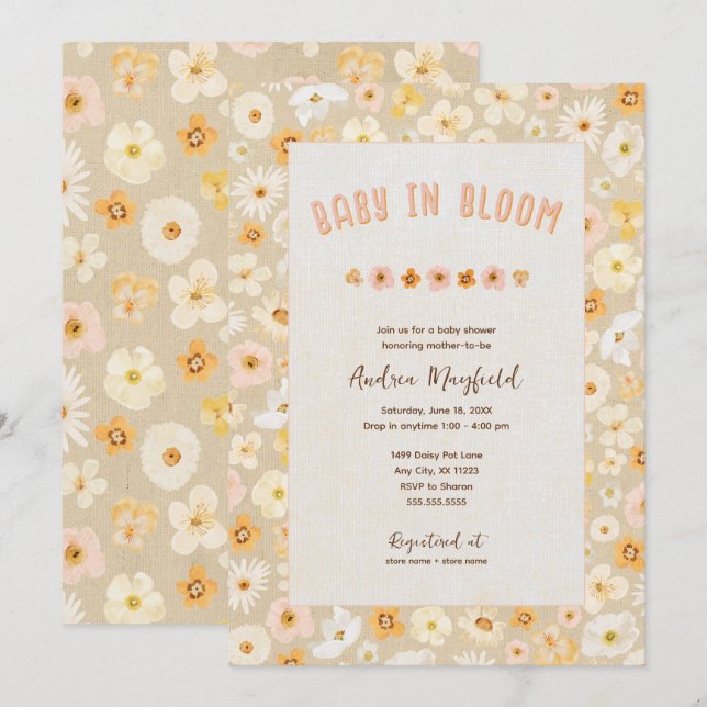 Baby in Bloom pressed flowers baby shower Invitation (Front/Back)