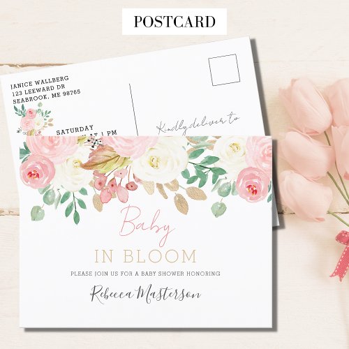 Baby In Bloom Pretty Blush Pink Floral Baby Shower Invitation Postcard