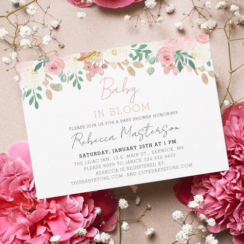 Baby In Bloom Pretty Pink Floral Girl Baby Shower Invitation
