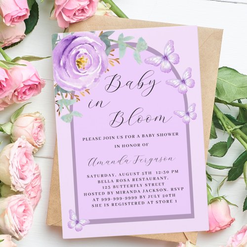 Baby in Bloom purple butterfly arch Baby Shower Invitation