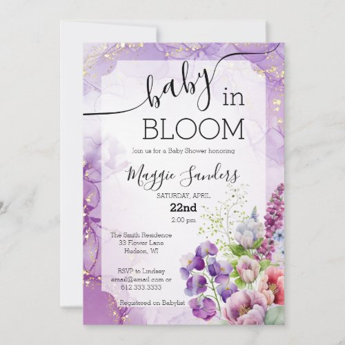 Baby in Bloom Purple Floral Baby Shower Invitation