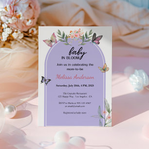 Baby in Bloom Purple Floral Butterfly Baby Shower Invitation