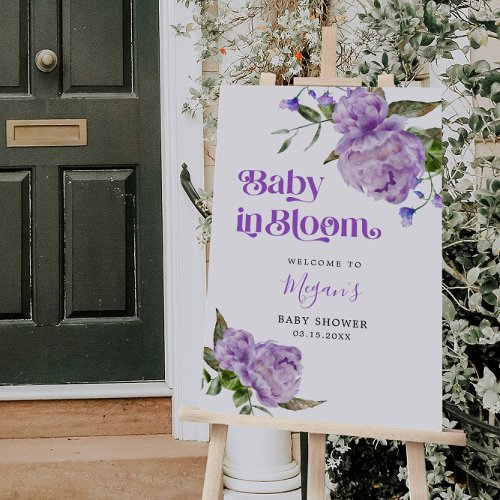Baby In Bloom Purple Floral Welcome Sign