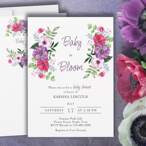 Baby in Bloom Purple Pink Flowers Baby Shower Invitation
