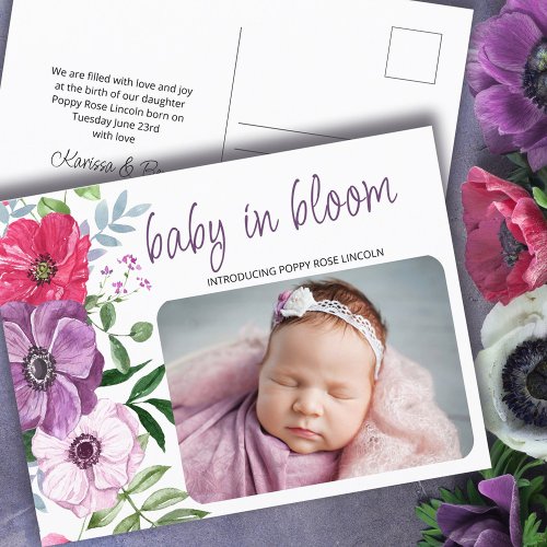 Baby in Bloom Purple Pink Flowers Photo Birth Announcement Postcard