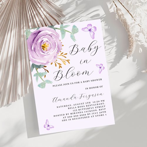 Baby in Bloom purple rose butterfly Baby Shower Invitation