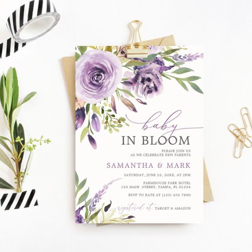 Baby in Bloom Purple Rose Floral Baby Shower Invitation