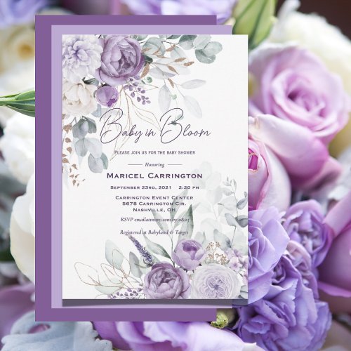 Baby in Bloom Purple Watercolor Modern Baby Shower Invitation