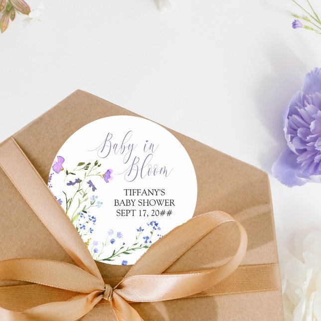 Baby in Bloom Purple Wildflower Baby Shower Classic Round Sticker (Baby in Bloom baby shower sticker from my Purple Wildflower Collection.)